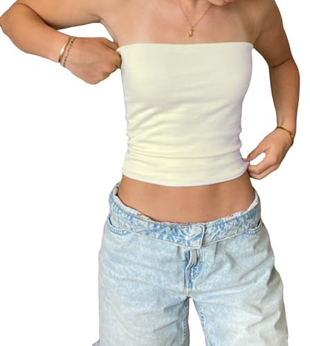 Himllauen Damen Tube Top Trägerloses Top Sexy Elegant Bandeau Top Damen Schulterfreies Oberteil Sommer Slim Fit Oberteile (C Weiß, S)