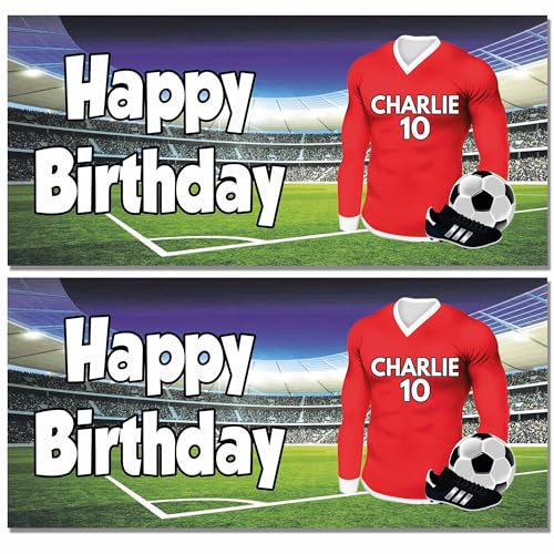 AK Giftshop Personalised Football Birthday Banner Party Decoration Red Shirt Team Colours - (pack of 2)