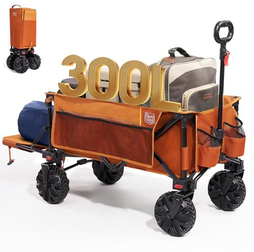 TIMBER RIDGE XXXL Bollerwagen Faltbare 300L Extra Langer mit Faltbarer Heckklappe Transportwagen mit Seitentasche Getränkehalter verstellbarem Griff, Handwagen Gartenwagen für Alle Gelände