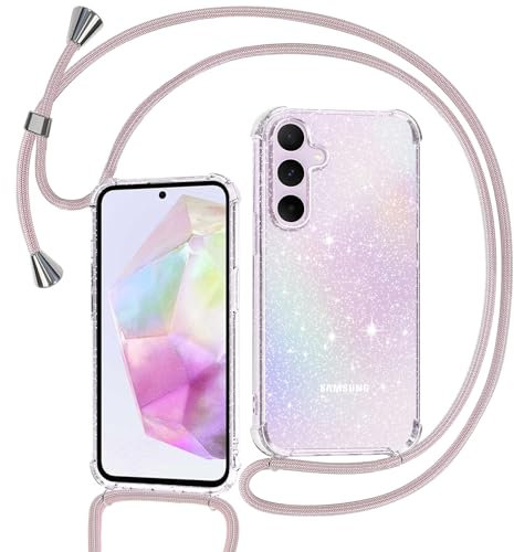 Tikgue Coque pour Samsung Galaxy A35 5G avec Cordon, Collier Coque Glitter Transparent Paillettes Etui TPU Bumper Silicone Case avec Chaîne Lanière Housse - Or Rose