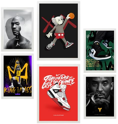 Nacnic 6er-Set Ikonischer Basketball-König James Jordan Nike Gerahmtes Poster mit Design-Illustrationen zur Dekoration der Wände Ihres Zuhause Zimmer Büro Laden Malerei A3 & A4 Weißer Rahmen