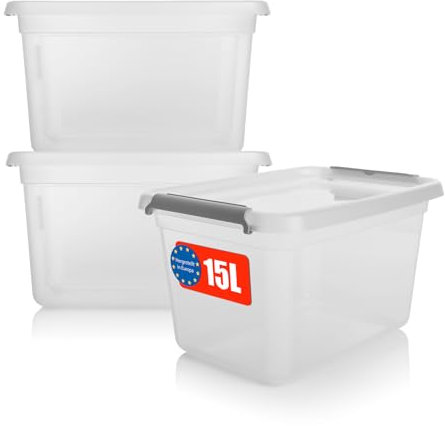 BigDean 3 Stück 15 L Aufbewahrungsbox mit Deckel transparent BPA- frei & lebensmittelecht – stapelbare robuste Aufbewahrungsbox – Aufbewahrungsboxen mit Klickverschluss