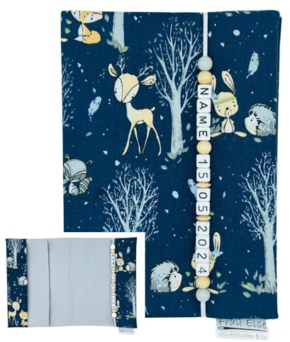 U-Heft Hülle Impfpassfach mit Name MuKi Pass - Waldtiere boho Indianer Reh Fuchs Hase - blau hellgrau - für Jungen und Mädchen