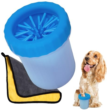KDOTS Pfotenreiniger aus Silikon mit weichem Trockentuch - Pfotenwaschmittel weich und sicher - Für kleine und mittelgroße Hunde (Blau, S/M)
