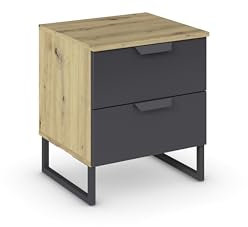 Rauch Möbel Dark&Wood by Aditio Nachttisch, Nachtkommode, Schlafzimmermöbel, Nachttisch, 2 Schubladen, Soft-Close,Kufenfuß, Farbe Grau metallic-Eiche Artisan, Schwarz, Holz, 47x54x42cm