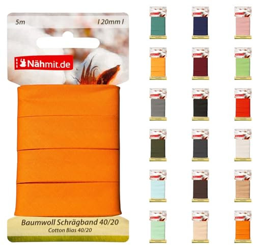 Nähmit 5m Karte Baumwoll Schrägband, 100% Baumwolle 20mm Breit - 40/20 vorgebügeltes Schrägband (A06-Orange, 5m Karte)