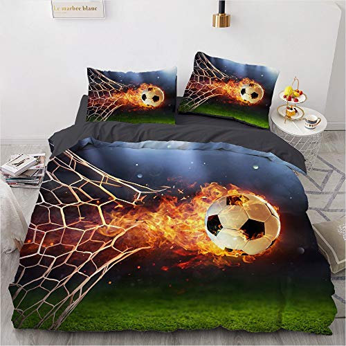 YASMENG Housse de Couette Football 220x240 Garçons Flamme 3D Parure de Lit Football Doux Linge de Lit Football pour Adolescents Enfants Cadeaux avec Fermeture Éclair et Taies d'oreiller 65x65 cm