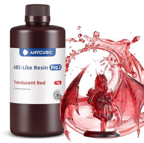 ANYCUBIC ABS-Like Resin Pro 2 3D Drucker Resin mit erhöhter Festigkeit und Zähigkeit, Geringe Schrumpfung, Hochpräzises 405 nm UV-härtendes Harz für allen Resin 3D Druckern, Transluzent Rot 1kg