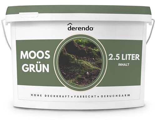 derendo Exklusive Wandfarbe grün 2,5L, hohe Deckkraft, Dispersionsfarbe innen, Innenwandfarbe Raumfarbe Moosgrün matt, Deckkraftklasse 2, hochdeckende Innenfarbe Profi Qualität