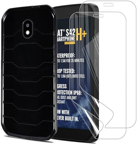 MEMELOKA Hülle für CAT S42 H+ mit 2 Stück Schutzfolie, Flexiblem TPU Silikon Handyhülle, Ultradünne rutschfeste und Anti-Kratzer Schutzhülle - Schwarz