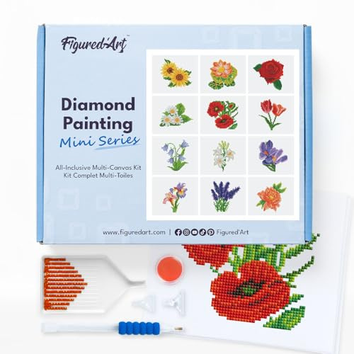 Figured'Art Mini Serie Diamond Painting Erwachsene - Blumen - Premium-Box mit 12 Stück 15x18 cm 5D Bilder, Eckige Steine - DIY Set zum Basteln