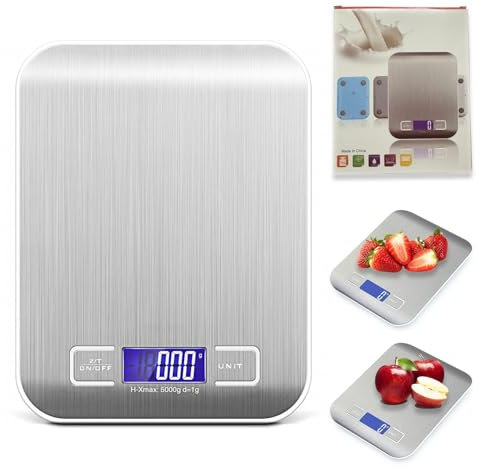 5KG Digital Nutritional Scales Kitchen Weighing Scale Stainless Steel Precision Digital Kitchen Scales LCD Display Portable Electronic Scale Unit Conversion 1g 11lb OZ ml Auto Off Batteries Included