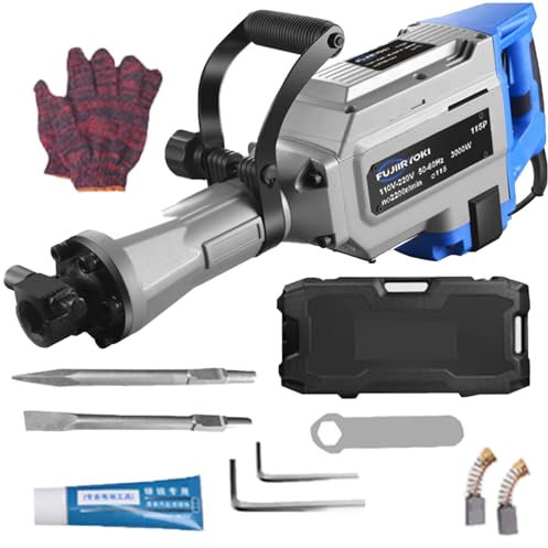 3000W Heavy Duty Jack Hammer, 65J 220V Rotary Jack Hammers, Heavy Duty 2 Chisel Drill Bits 2200R/min, Easy To Control for Concrete Blocks, Brick, Rock, Road Maintenance