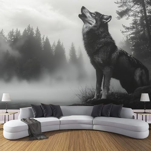 MIATCENRT Loup Papier Peint Effet 3D, 308X220Cm (L×H) Photo Peintures Murales, Salon Tv Canapé Thème Hôtel De Luxe Couloir Fond Animal Des Bois Mur Peinture Décor À La Maison