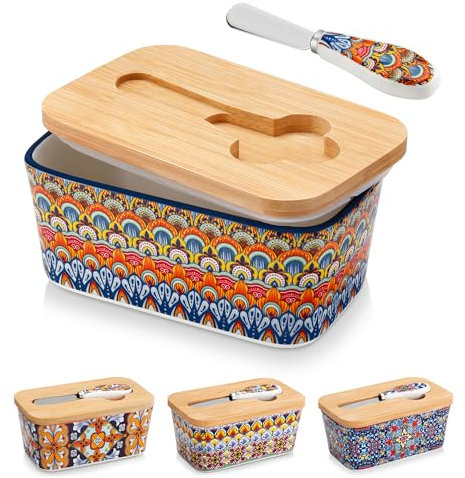 Butterdose Keramik, vancasso SIMI Hochwertige Butterglocke mit Messer und Holzdeckel, Butterdose Porzellan, Böhmischer Butterschale 16.5 x 9.7 x 8cm
