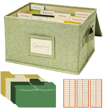 Vienrose Grußkarten-Organizer, Aufbewahrungsbox mit 20 Herausnehmbaren Trennwänden, 84 Selbstklebenden Etiketten, Perfekt für Fotos, Umschläge, Scrapbooking, Papier, 1 Packung, Grasgrün