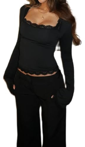 Women's Lace Trim Square Neck T Shirt Y2K Long Flare Cuff Sleeve Basic Tops Elegant Slim Fit Blouse Aesthetic Tee Shirts (Black, S)