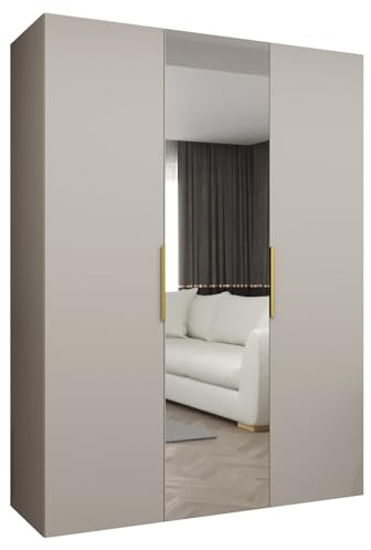MEBLE KRYSPOL - Kleiderschrank mit Spiegel - Drehtürenschrank - Schrank 150x202x52cm - Garderobenschrank Schlafzimmer, Flur, Jugendzimmer - Farbe Kaschmir, Griff Gold - Marbella 2 150
