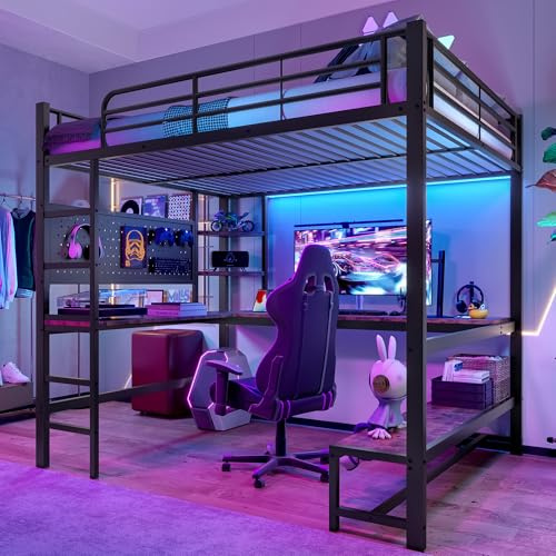 Moimhear Hochbett, Eisenrahmen, Schreibtisch, Geländer, Trittleiter, mehrere Ablagen, mit USB+Type-c, mit LED Leiste, mit Lochbrett, ohne Matratze (schwarz, 140x200cm)