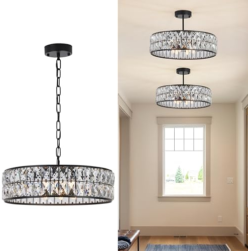 WELAKI HOME Modern Kristall Deckenleuchte Schwarz – Elegante 6-Flammige Rund Kronleuchter mit Kristall, G9 für Schlafzimmer Wohnzimmer Esszimmer Küche Flur, Keine glühbirne, Ø45cm