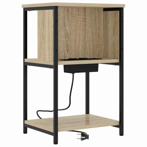vidaXL Modern Bedside Table in Sonoma Oak 38 x 31 x 61 cm with Charging Base Perfect for Indoor Use In Brown and Black Stylish Design For Your Bedroom