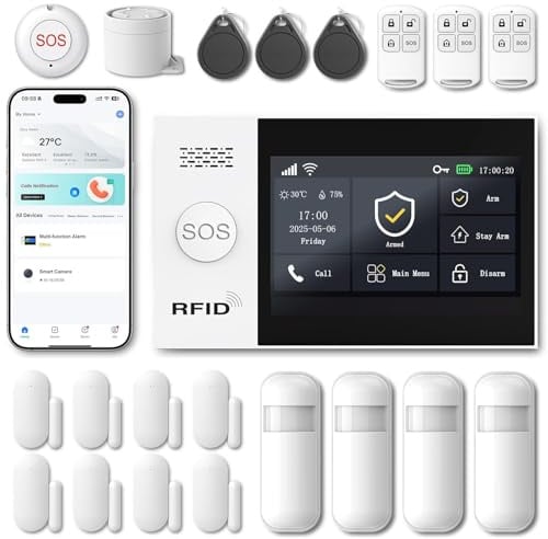 WiFi+4G Alarmanlage Haus mit 4,3 Touchscreen, Komplettes Sicherheitssystem für Haus & Wohnung mit Tür-/Fenstersensor, Bewegungsmelder, 120dB Sirene, Alexa kompatibel, ohne Gebühren (21-teiliges Set)