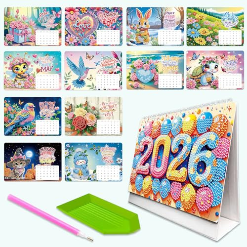 Kaezuy Diamond Painting Kalender 2026, Weihnachten Deko Diamantmalerei Tischkalender zum Aufstellen, DIY Diamond Painting Schreibtisch Kalender Jan 2026 - Dez für Partygeschenk (2026-D)