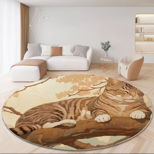 Round Rugs for Living Room 140 cm, Japanese Style Painted Style Cat Tree Branch Printed, Bedroom Brown Apricot Round Area Rug, Washable Circle Anti Slip Carpet for Dining Room Kids Room Hallway