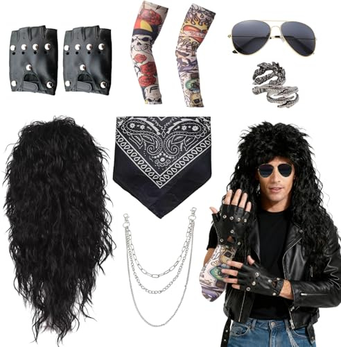 10 Stück Rocker Outfit Herren, 70er 80er 90er Rockstar Kostüm mit Glam Rock Perückenset Perücken Sonnenbrillen Kopftücher Handschuhe Ringe Halsketten Tattoo-Ärmel Disco für Karneval Männer Frauen