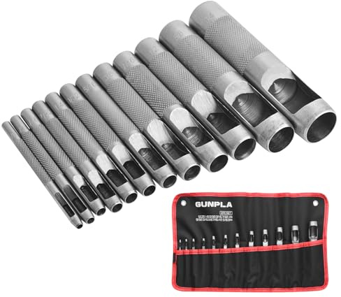 GUNPLA 12 Piece Heavy Duty Leather Punch Set, Steel Round Hole Punch Tool Set with 12 Sizes (1/8 to 3/4) for Belts, Watch Straps, Dog Collars & Gaskets, Includes Storage Pouch