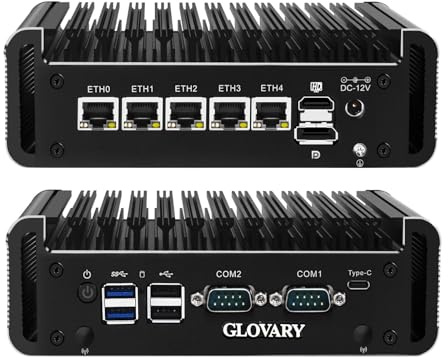 Glovary Firewall Mini PC J6413 4 Core, 5 x i226V 2.5GbE LAN OPNsense Router Micro Appliance, DDR4 8GB RAM 128GB NVMe SSD, AES-NI, Fanless Industrial Computer Hardware, 2RS232 COM, 2SATA3.0, 3 Display