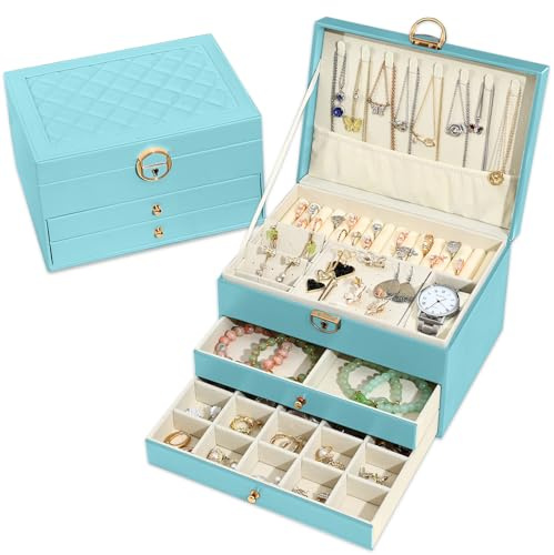 Granbest 3 Schichten Schmuckkästchen mit 2 Schubladen, Elegante Schmuckkasten, Leder Schmuckbox Ideal für Halsketten, Armbänder, Ringe und Ohrringe (Himmelblau)