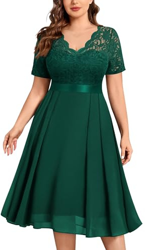 MISSMAY Women's Plus Size Elegant V-Neck Short Sleeve Lace Chiffon Ceremony Cocktail Party Dress
