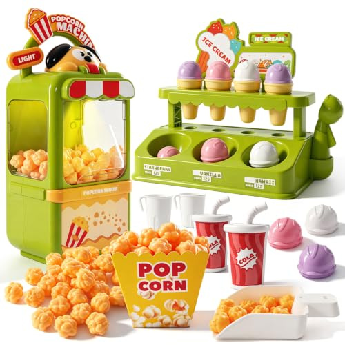 Pretend Play Popcorn Machine & Ice Cream Shop Toy Set, Interactive Role Play Food Playset with Lights & Music, Kids Educational Pretend Kitchen Toy, for Boys & Girls (Green)