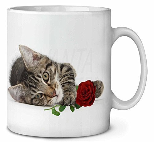 Advanta Group Tabby Kitten Cat with Red Rose Ceramic 10oz Coffee Mug/Tea Cup Printed Full Colour Ref:AC-204RMG