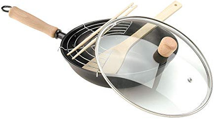 Oroley - Sartén Wok | Hecha de Hierro Fundido | Antiadherente | para Inducción y Todo Tipo de Cocinas | con Tapa | Mango Extraíble | 28 cm
