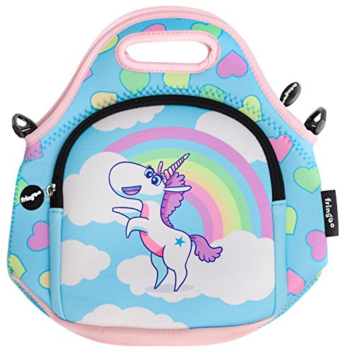 Fringoo® Kids Lunch Bag - Made from Neoprene Thermal Insulated Material - School Lunch Bag - Zipped Pocket Shoulder Strap (Unicorn Rainbow Clouds)