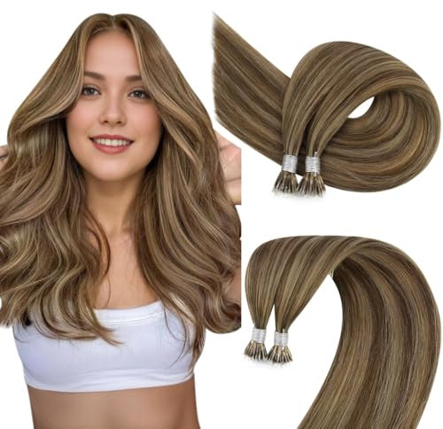 Easyouth Extensions Nanoring Echthaar Braun Nano Ring Extensions Echthaar Mittelbraun Highlight Honig Blond Haarverlängerung Nanoring Extension Glätten 35cm P4/27 50 g 50s 1g/s
