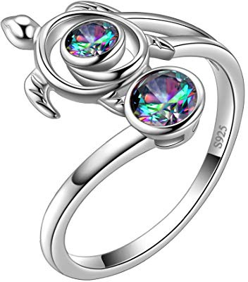 Aurora Tears Schildkröte Einstellbar Ringe 925 Sterling Silber Tier Ring Mystic Rainbow Topaz Schmuck mit Zirkonia für Frauen DR0084T