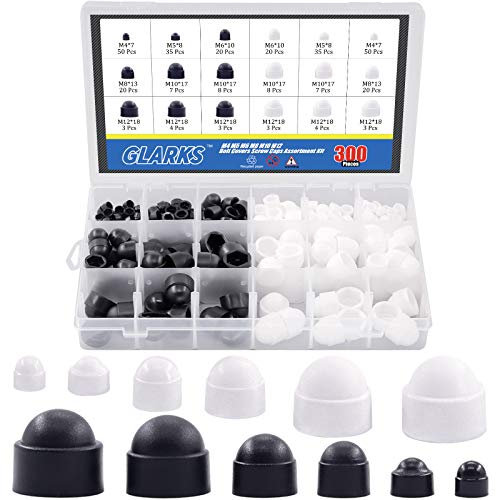 Glarks Lot de 300 capuchons de vis noirs et blancs M4 M5 M6 M8 M10 M12 en nylon pour protéger les vis hexagonales (noir et blanc)