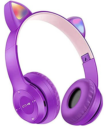 Wirlsweal P47M - Écouteurs sans fil avec réduction du bruit - En forme d'oreilles de chat - Lumineux - 5.0 - Pour téléphone portable - Violet