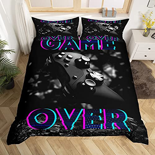 Schwarzes Gaming-Joystick-Bettwäsche-Set, volle Größe, Hip-Hop-Spiel-Bettbezug, Retro-Videospiel, Wendedecke, Sternenneon-Licht, Raumdekoration, Bettbezug, 2 Kissenbezüge