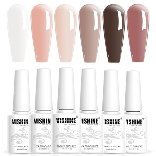 Vishine Soak Off UV LED Smalto per Unghie in Gel Set di 6, Trasparente Rosa Colore Jelly Pink Nude Blu Marrone French Manicure Nail Art 8ml
