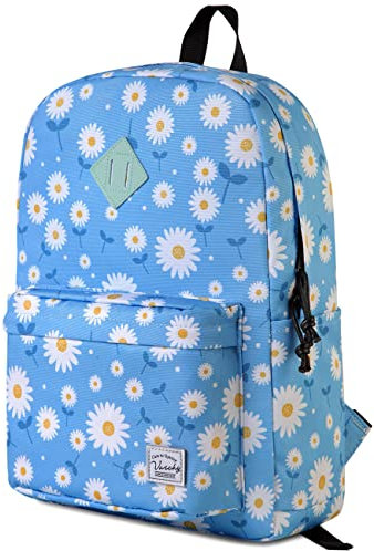 VASCHY School Backpack, Lightweight, Water-Repellent Backpack for Men, Women, Children, Boy, Leisure for Girls, School, High School, Teenagers, College, Business, Travel, Light Blue Daisies,