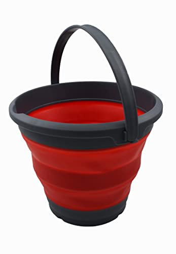 SAMMART Faltbarer Kunststoffeimer mit 5,5 l Fassungsvermögen, zusammenklappbar, runde Wanne, tragbarer Wassereimer zum Angeln, platzsparender Wassertopf für den Außenbereich (Grau/Karminrot, 1)