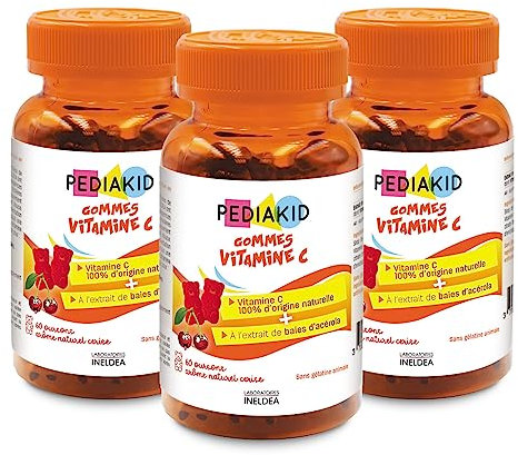 PEDIAKID - Gommes Vitamine C - Formule Naturelle au Délicieux Arôme de Cerise - Contribue à Réduire la Fatigue - Soutient le Métabolisme Énergétique et les Défenses de l'Organisme -Lot de 3 piluliers