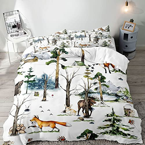 VIVIHOME – Parure de lit 3 pièces avec Housse de Couette pour lit Double, Motif Animaux de la forêt, Lapin, Renard, cerf, élan, Ours, Camping, Chasse, Chalet, cabane de Ferme, literie Rustique et 2