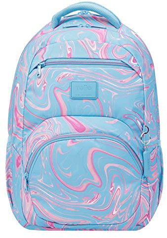 TOTTO - Mochila para Ordenador Portátil 14 Pulgadas, Modelo Tracer 4, Mochila Eco-Friendly, 3 Compartimentos, Cremalleras con Argolla para Candado, 2 Bolsillos para Botella, Estampado Azul y Rosa