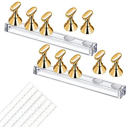 2 Sets Acryl Nägel Kunst Praxis Stands,Magnetische Nagelspitzenhalter,Training Fingernagel Displayständer,mit 90 Stück White Reusable Adhesive Putty Clay zum DIY Maniküre Salon(Gold)