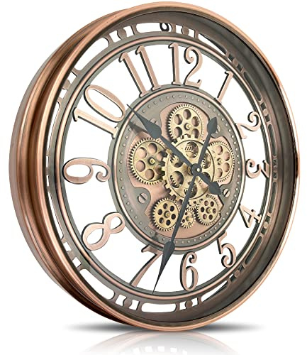 DORBOKER Wanduhr Groß mit Beweglichen Zahnrädern Moderne Industrial Steampunk XXL Vintage Retro Antike Metall Uhr für Küche Wohnzimmer Zuhause Bar Schule(70cm, Rotes Kupfer Arabische Ziffern)